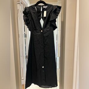 Charlie Holiday Elegant Black Midi Dress with Ruffle Detail